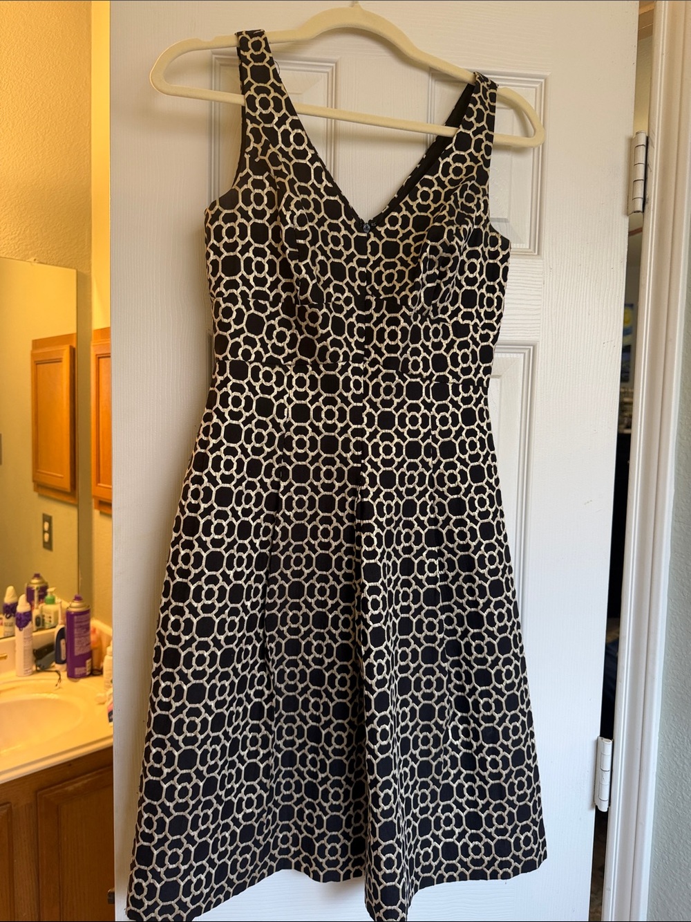 Ralph Lauren Black and Cream Geometric Midi Dress